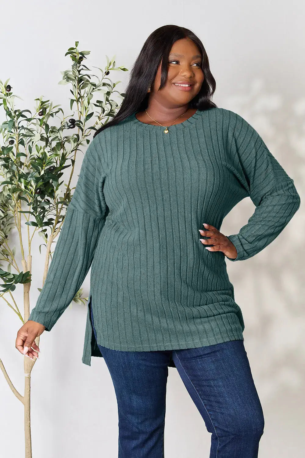 Basic Bae Full Size Ribbed Round Neck Long Sleeve Slit Top - ShopBasicbae - Flyclothing LLC