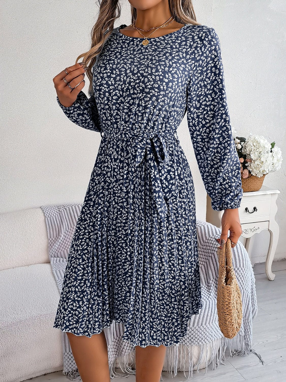 Ditsy Floral Tie Waist Pleated Dress - Trendsi