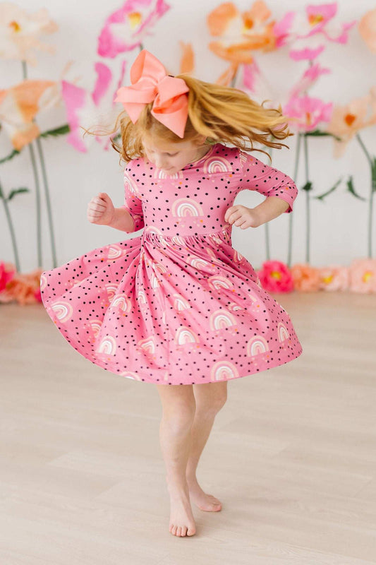 Rainbow Wishes 3/4 Sleeve Pocket Twirl Dress - Mila & Rose ® - Flyclothing LLC