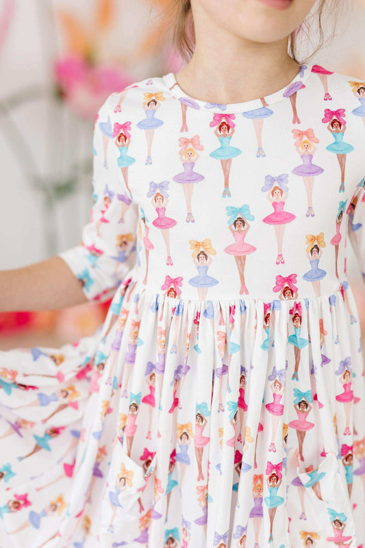 Ballerina Bows 3/4 Sleeve Pocket Twirl Dress - Mila & Rose ® - Flyclothing LLC
