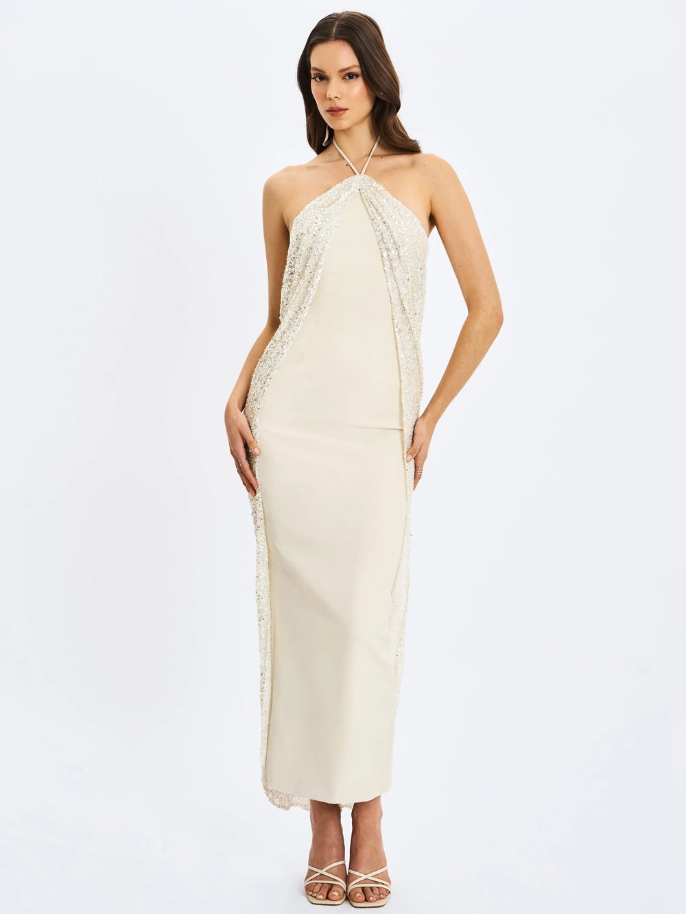 Quimera Almond Beaded Cape Halter Off-Shoulder Maxi Gown - Miss Circle - Flyclothing LLC
