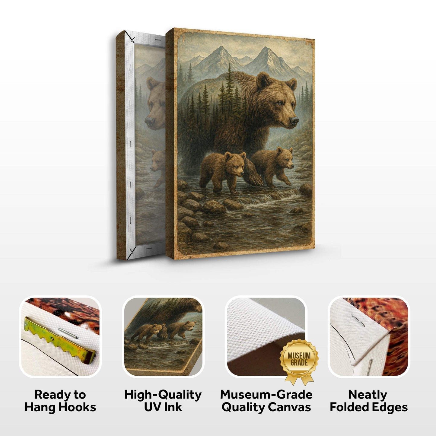 Mother Bear and Cubs Crossing Double Exposure Wall Art - Tailored Canvases - Flyclothing LLC