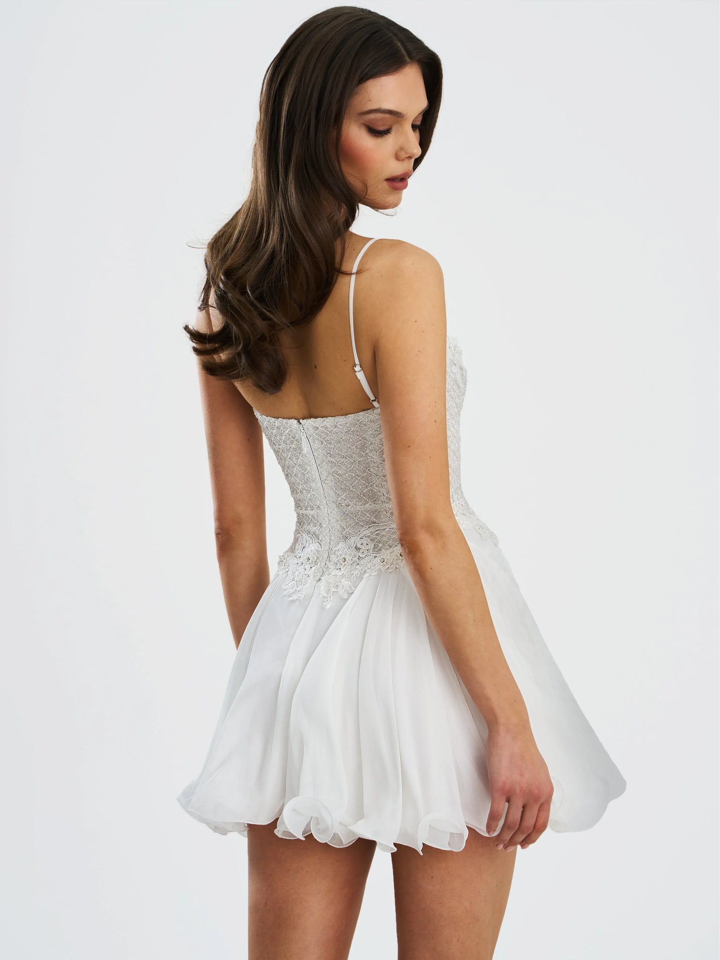 Fabiola Lace Trim Silver Net Top Mini Flare Chiffon Dress - Miss Circle - Flyclothing LLC