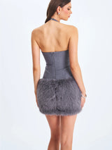 Daisy Grey Drop Waist Fur Trim Halter Mini Dress - Miss Circle - Flyclothing LLC