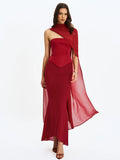 Giselle Crimson Peplum Mermaid Gown with Chiffon Scarf - Miss Circle - Flyclothing LLC