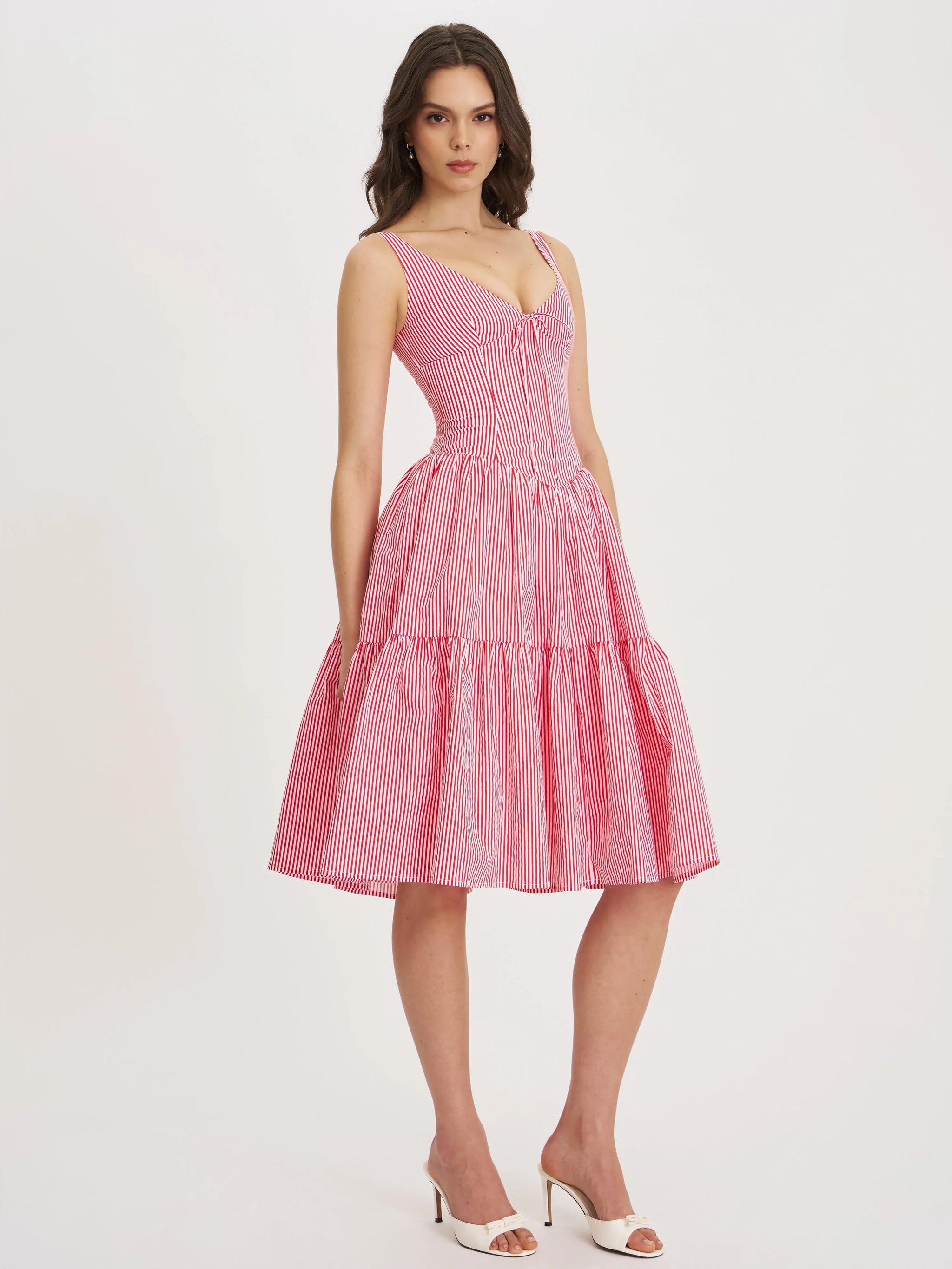 Oceana Red Candy Stripe Drop Waist Midi Dress - Miss Circle - Flyclothing LLC