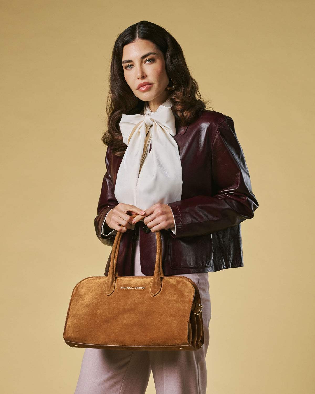 Chiara (cognac) - Italian calf suede women's handbag (with shoulder strap)