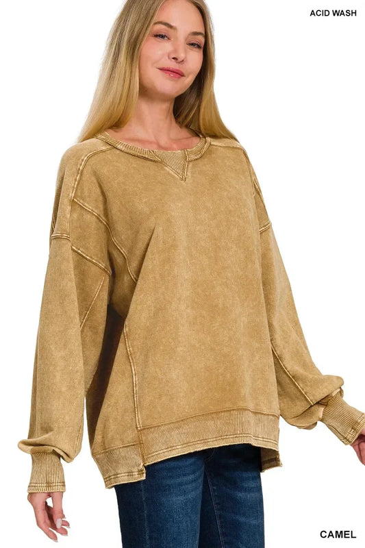 Zenana French Terry Acid Wash Pullover - Trendsi - Flyclothing LLC