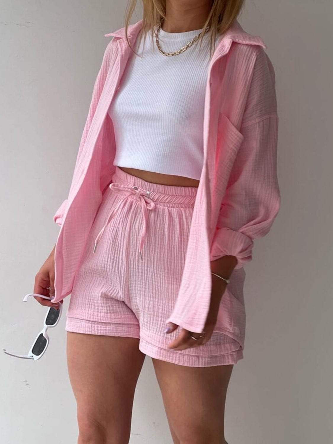 Texture Button Up Shirt and Drawstring Shorts Set - Trendsi - Flyclothing LLC