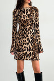 Backless Leopard Long Sleeve Mini Dress - Trendsi
