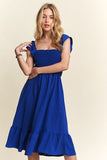 ADORA Smocked Square Neck Ruffled Cap Sleeve Dress - Trendsi
