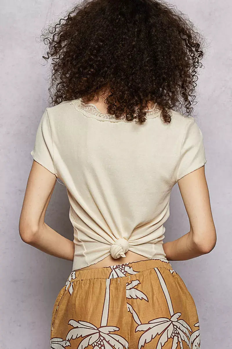 POL Round Neck Short Sleeve Crop T-Shirt with Lace Trim - Trendsi - Flyclothing LLC