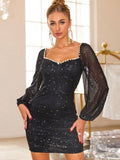 Pearl Trim Sweetheart Neck Long Sleeve Mini Dress - Trendsi