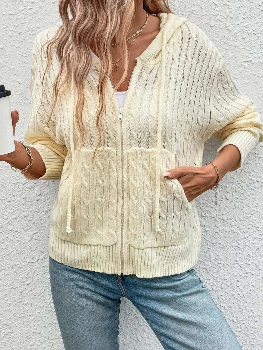 Zip Up Long Sleeve Hooded Cardigan - Trendsi - Flyclothing LLC