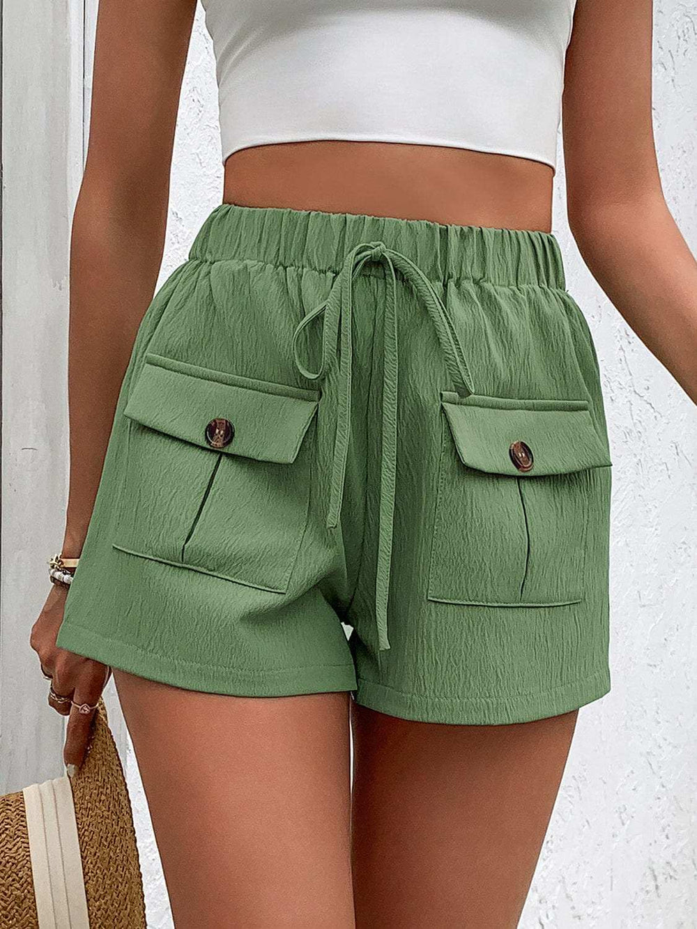Tied Elastic Waist Shorts with Pockets - Trendsi - Flyclothing LLC