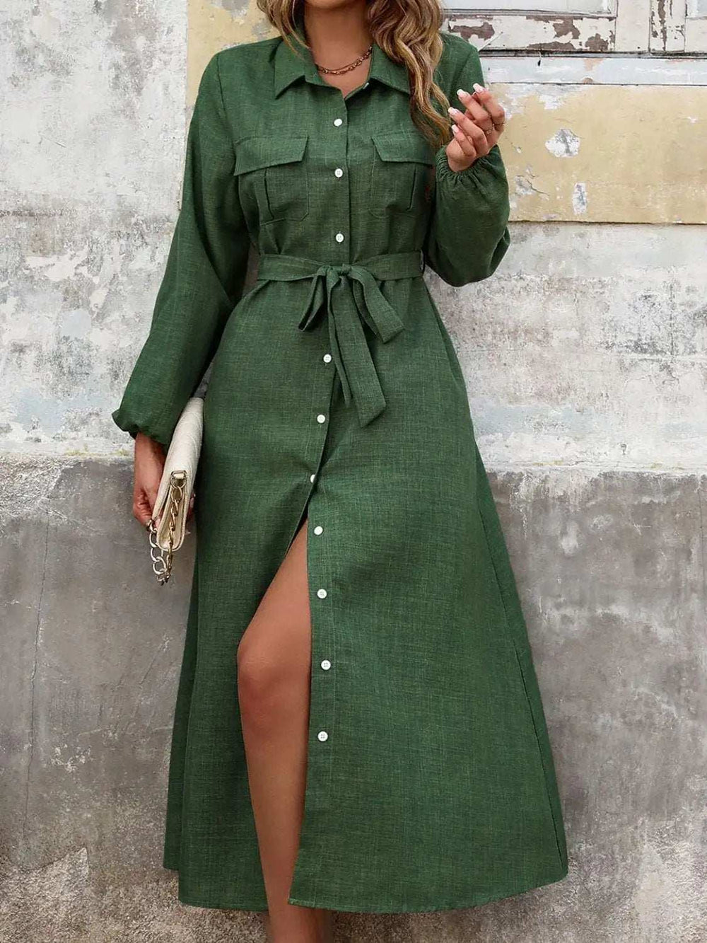 Collared Neck Long Sleeve Midi Shirt Dress - Trendsi - Flyclothing LLC