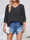 Textured Round Neck Three-Quarter Sleeve Blouse - Trendsi - Flyclothing LLC