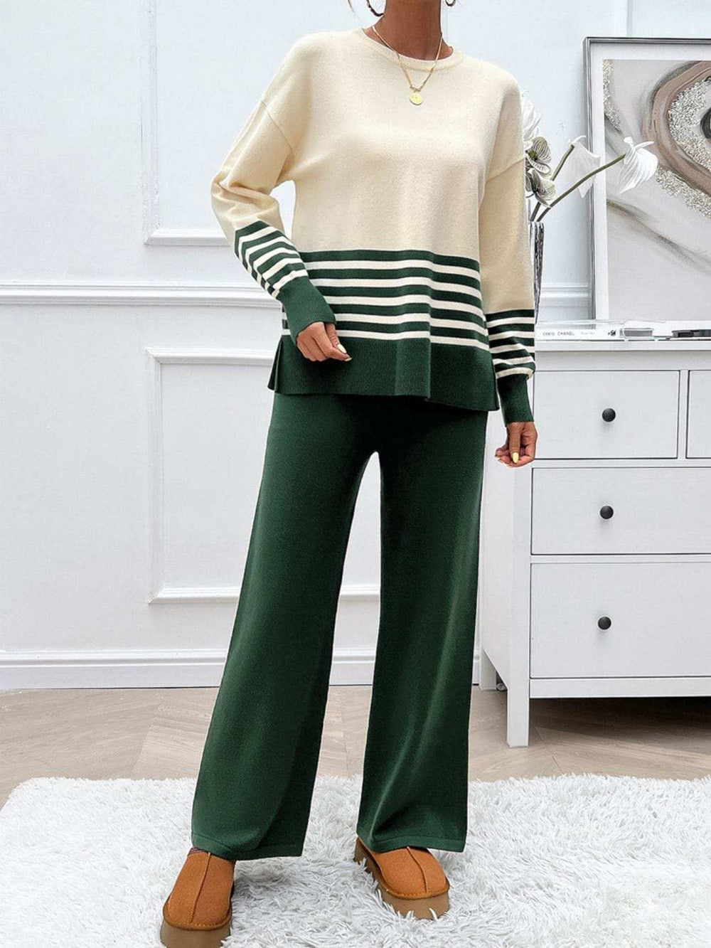 Devine Slit Striped Round Neck Top and Pants Sweater Set - Trendsi - Flyclothing LLC