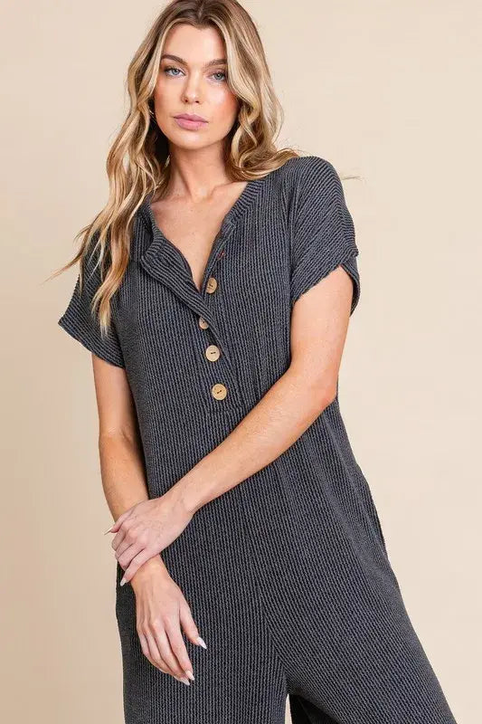 BOMBOM Rib Knit Jumpsuit with Button Detail - Trendsi - Flyclothing LLC