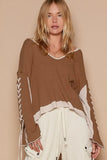 POL Lace-Up Sleeve Color Block Ribbed Knit Top - Trendsi
