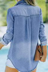 Pocketed Collared Neck Long Sleeve Denim Top - Trendsi - Flyclothing LLC