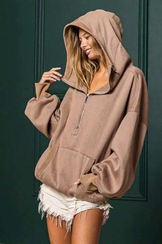 BiBi Stitch Detailed Elastic Hem Half Zip Fleece Hoodie - Trendsi - Flyclothing LLC