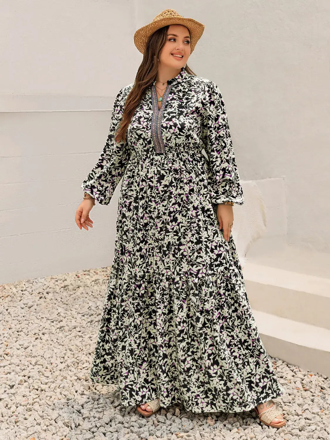 Plus Size Floral Print Long Sleeve Tiered Maxi Dress - Trendsi - Flyclothing LLC