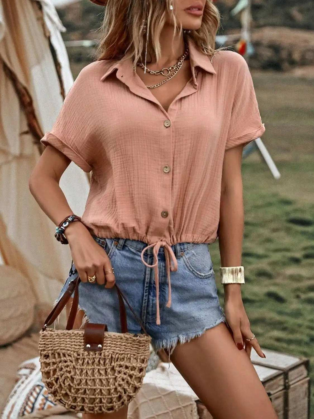 Drawstring Button Up Short Sleeve Blouse - Trendsi - Flyclothing LLC