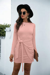 Tied Round Neck Long Sleeve Mini Dress - Trendsi - Flyclothing LLC