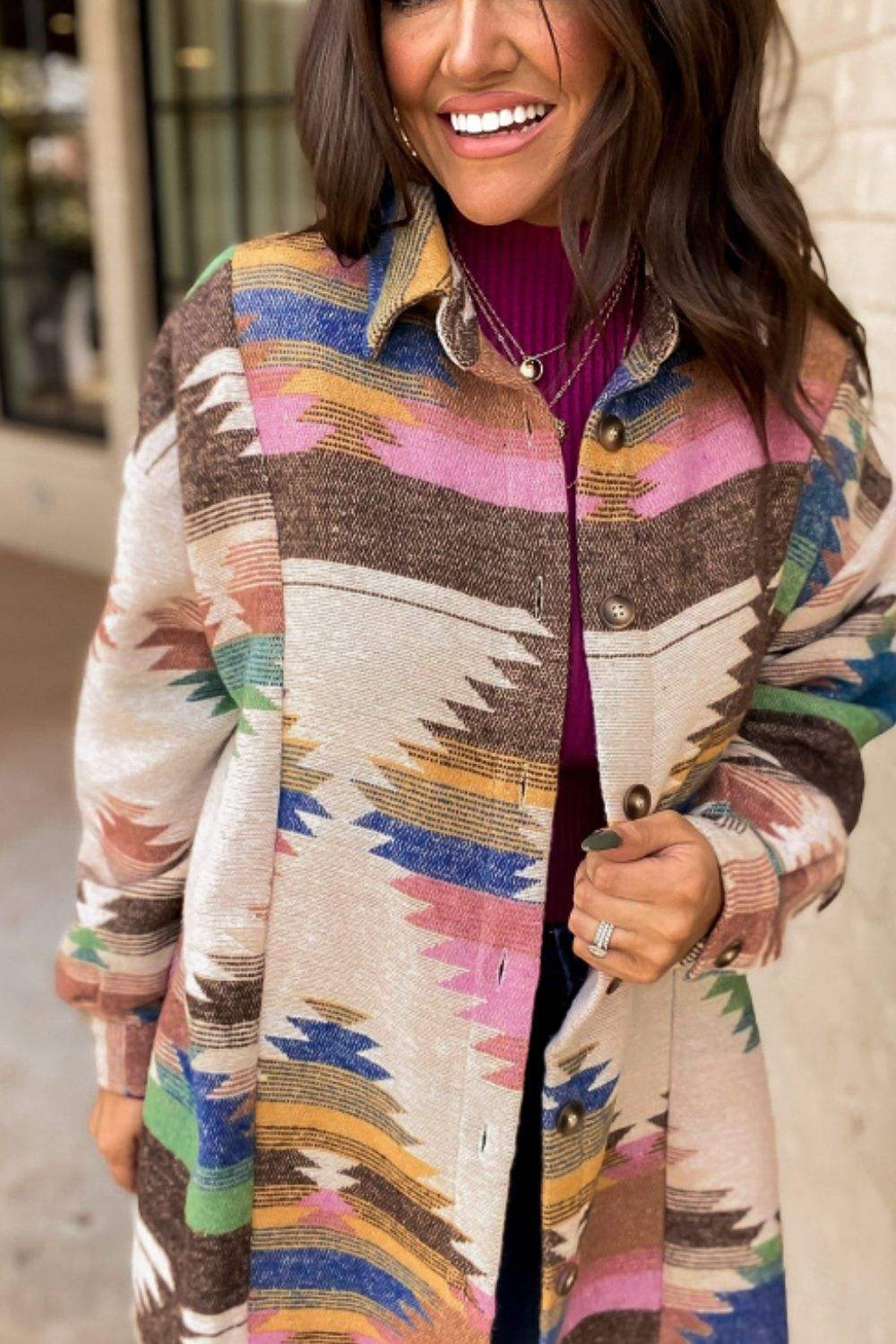Geometric Button Up Long Sleeve Jacket - Trendsi - Flyclothing LLC