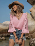 V-Neck Lace Flounce Sleeve Blouse - Trendsi - Flyclothing LLC
