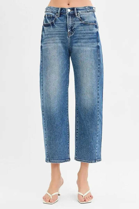 RISEN High Rise Crop Length Barrel Adjustable Waist Band Jeans - Trendsi - Flyclothing LLC