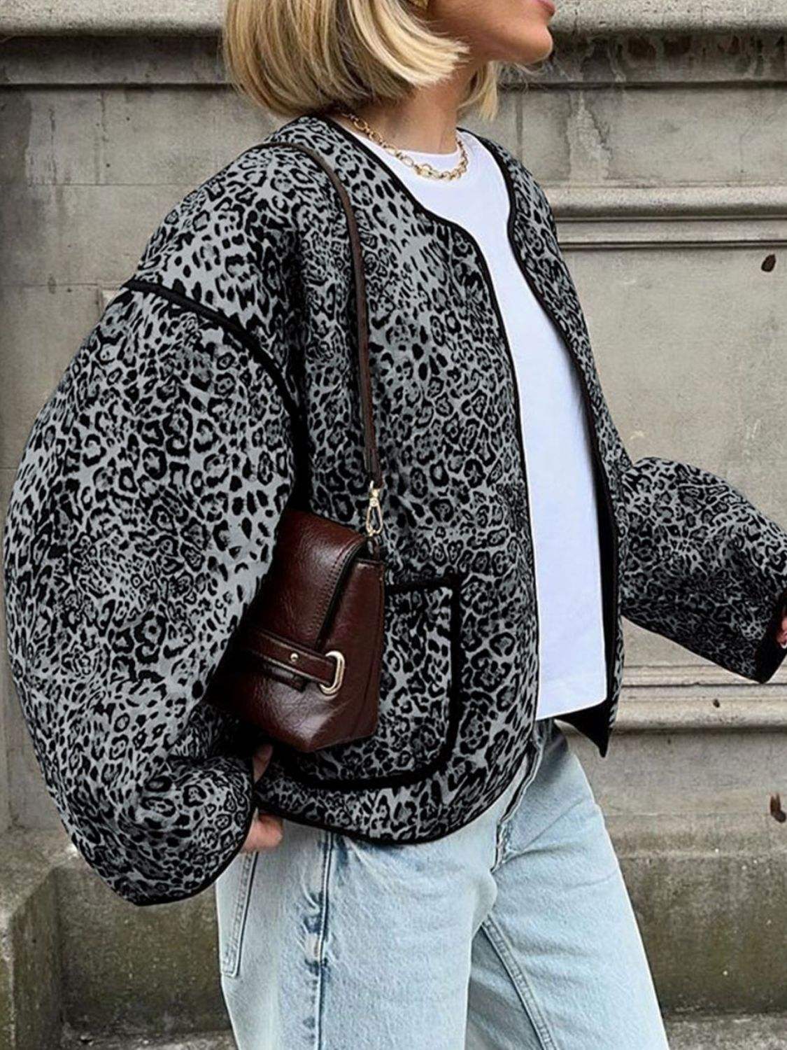 Perfee Leopard Open Front Long Sleeve Jacket - Trendsi - Flyclothing LLC