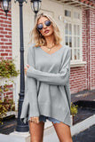 Slit V-Neck Dropped Shoulder Sweater - Trendsi - Flyclothing LLC