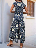 Perfee Printed Round Neck Cap Sleeve Wide Leg Jumpsuit - Trendsi - Flyclothing LLC
