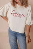 AMERICA EST 1776 Embroidered Pearl Beaded Sleeve T Shirt - Trendsi