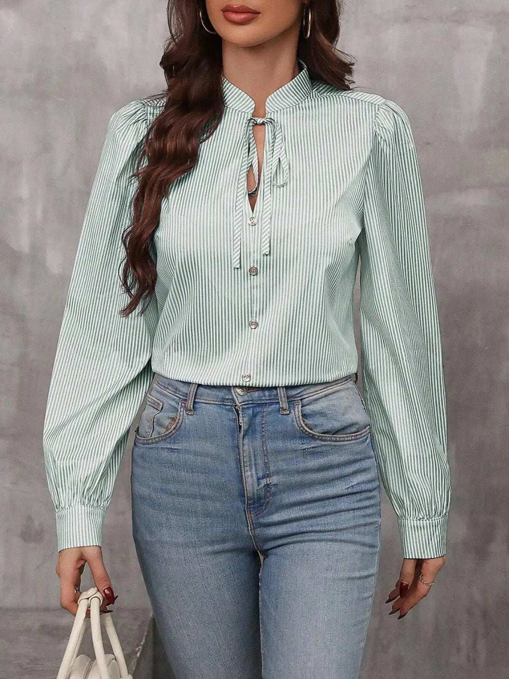 Striped Tie Neck Long Sleeve Blouse - Trendsi - Flyclothing LLC