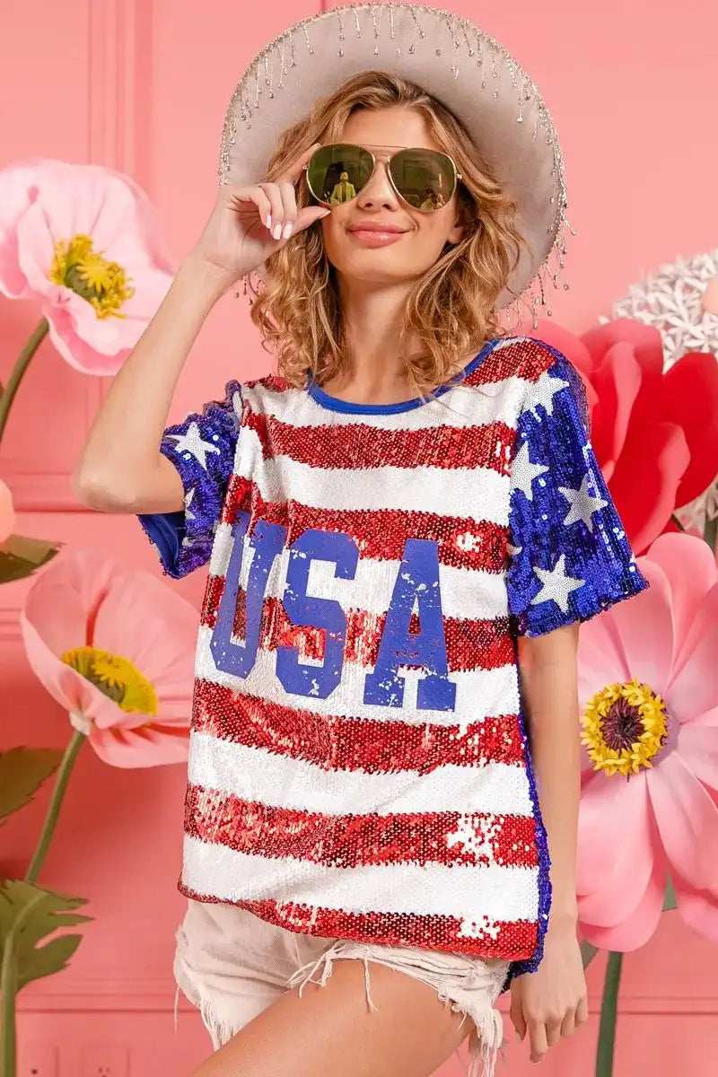 BiBi American Flag Theme USA Lettering Sequin Top - Trendsi - Flyclothing LLC