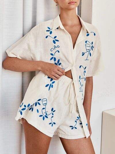 Embroidered Button Up Half Sleeve Top and Shorts Set - Trendsi - Flyclothing LLC