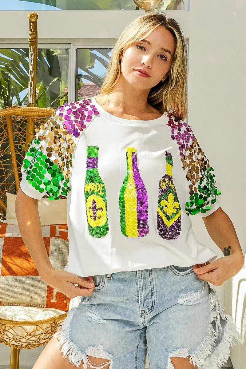 BiBi Sequin Mardi Gras Bottles Spangled Sleeve Top - Trendsi - Flyclothing LLC