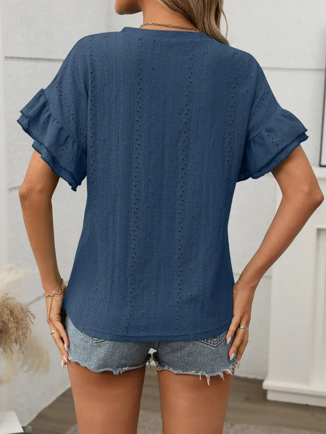 Eyelet Round Neck Flounce Sleeve Top - Trendsi - Flyclothing LLC