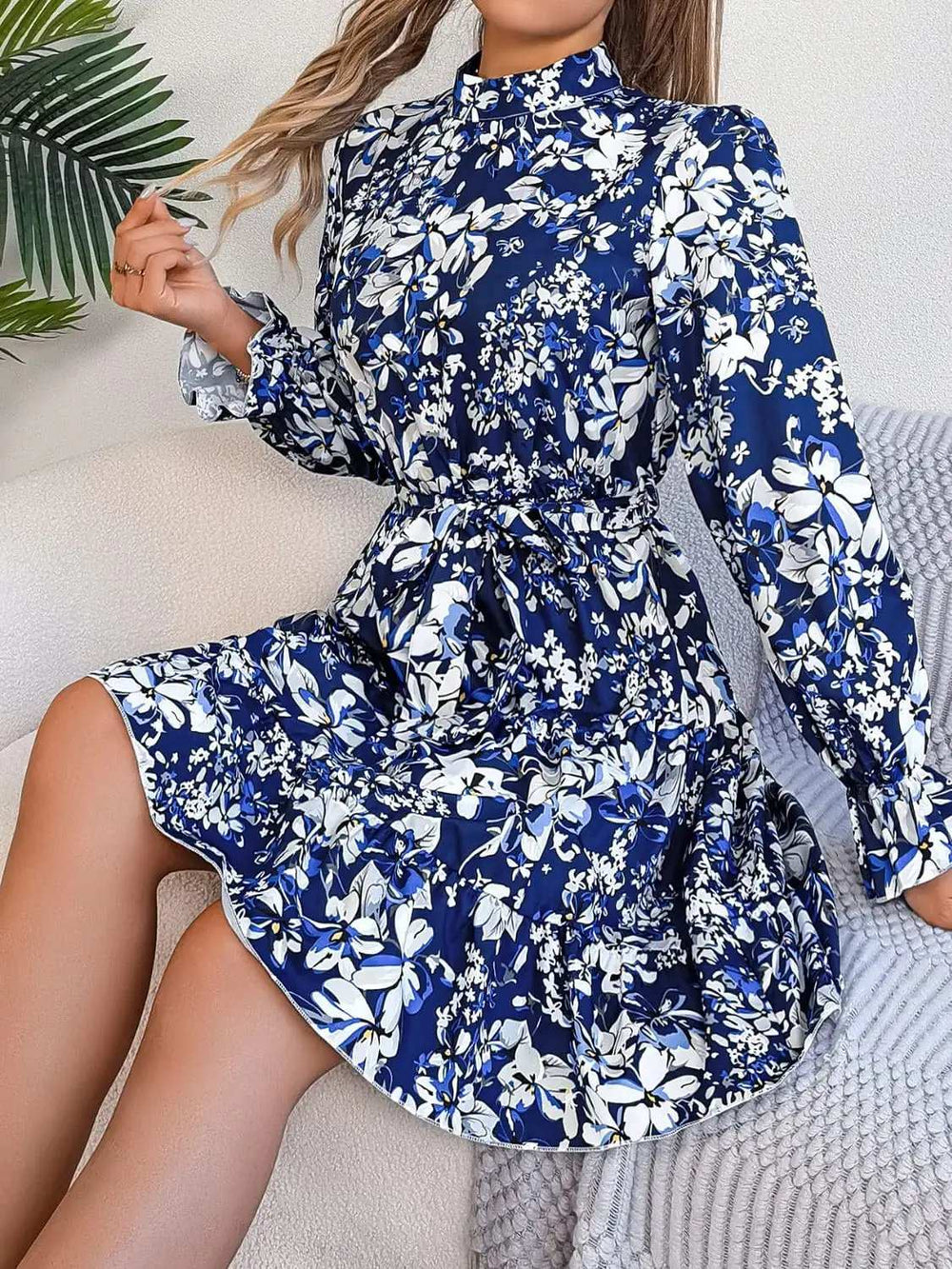 Printed Mock Neck Flounce Sleeve Mini Dress - Trendsi - Flyclothing LLC