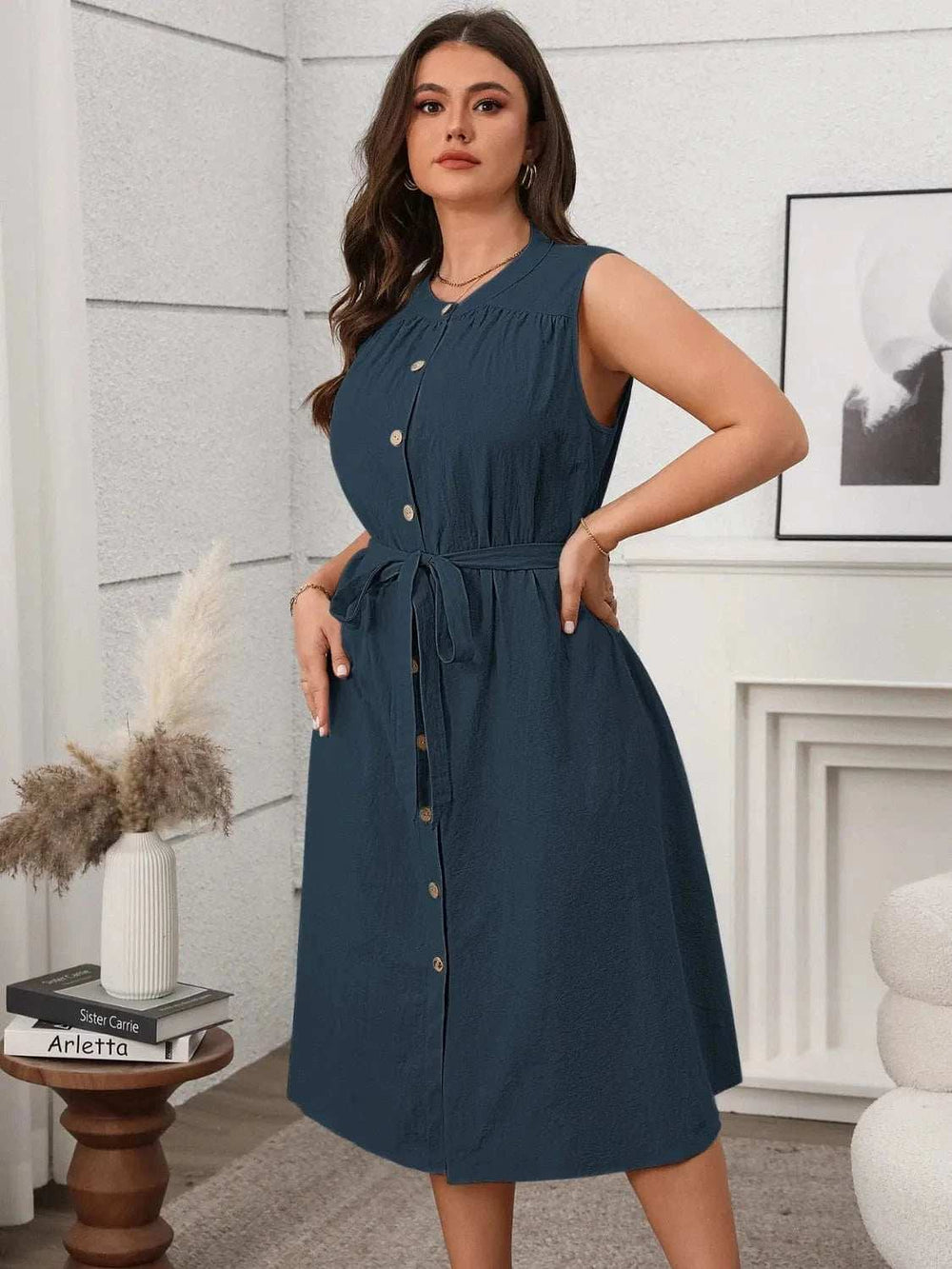 Plus Size Button Front Tie Waist Sleeveless Dress - Trendsi - Flyclothing LLC