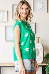First Love Full Size Flower Pattern Round Neck Sweater Vest - Trendsi - Flyclothing LLC