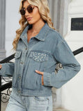 Rhinestone & Peal Trim Button Down Long Sleeve Denim Jacket - Trendsi - Flyclothing LLC