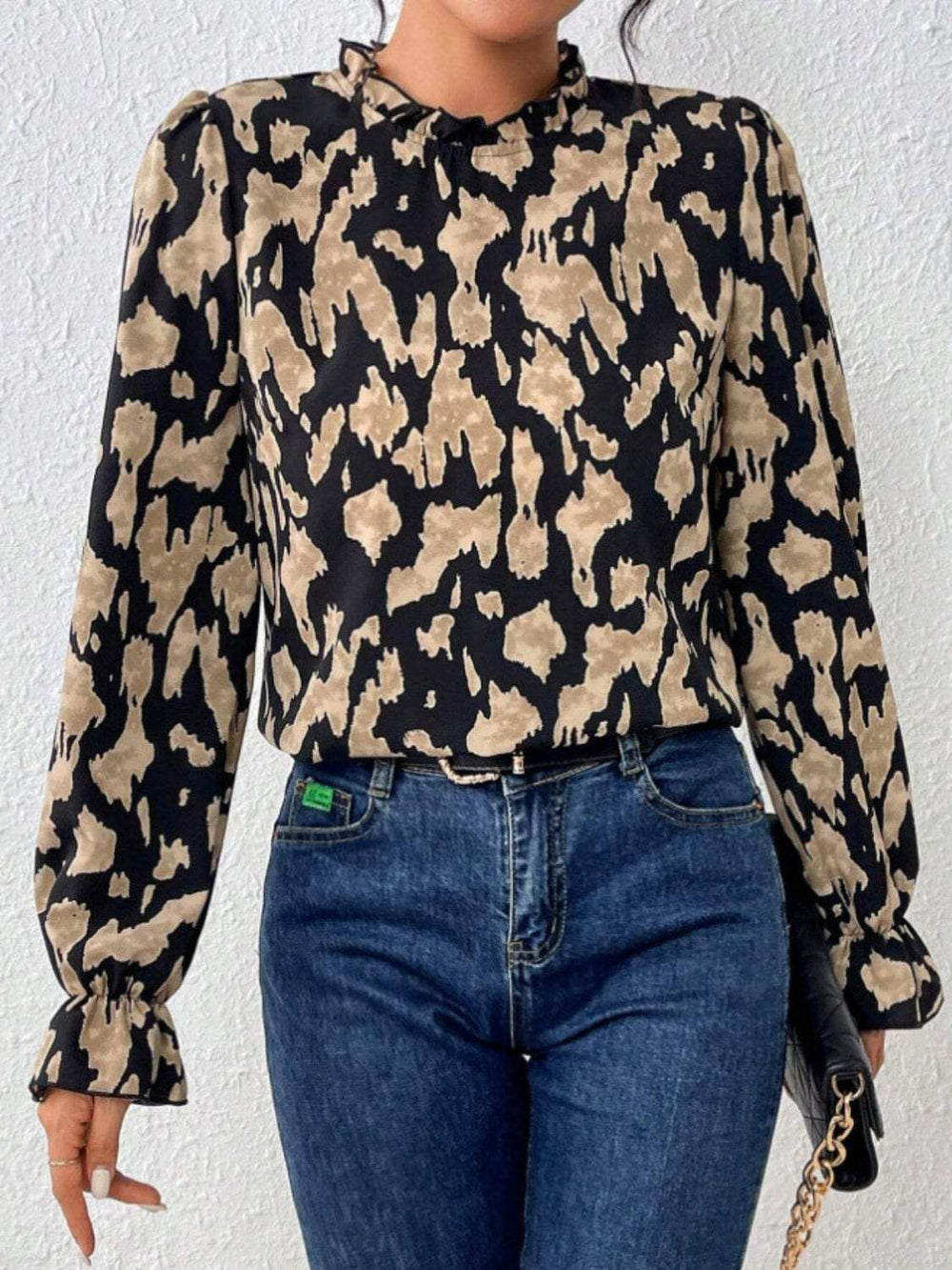 Frill Leopard Mock Neck Flounce Sleeve Blouse - Trendsi - Flyclothing LLC