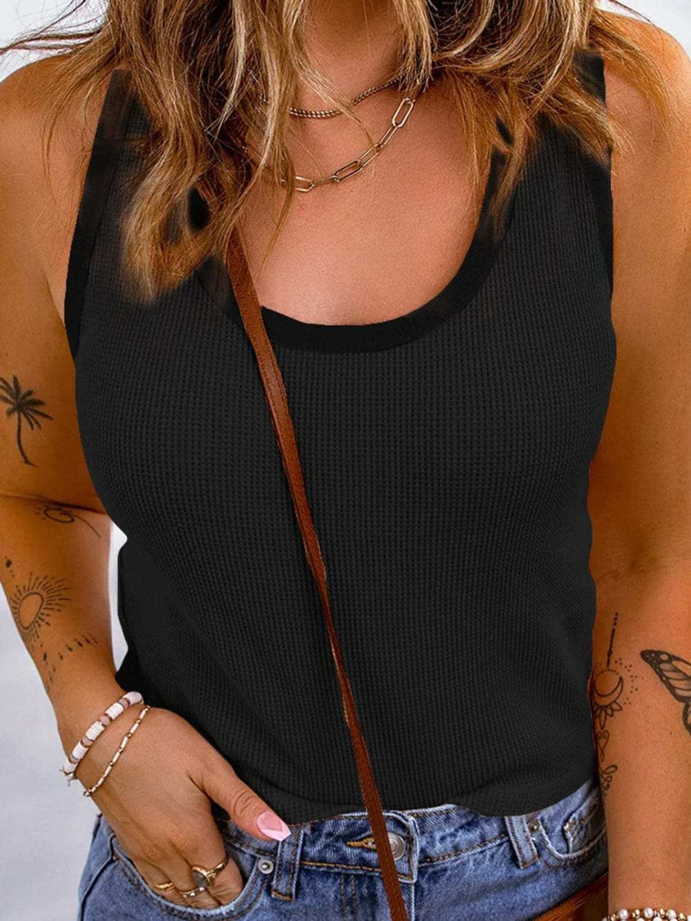 Waffle-Knit Scoop Neck Tank - Trendsi - Flyclothing LLC