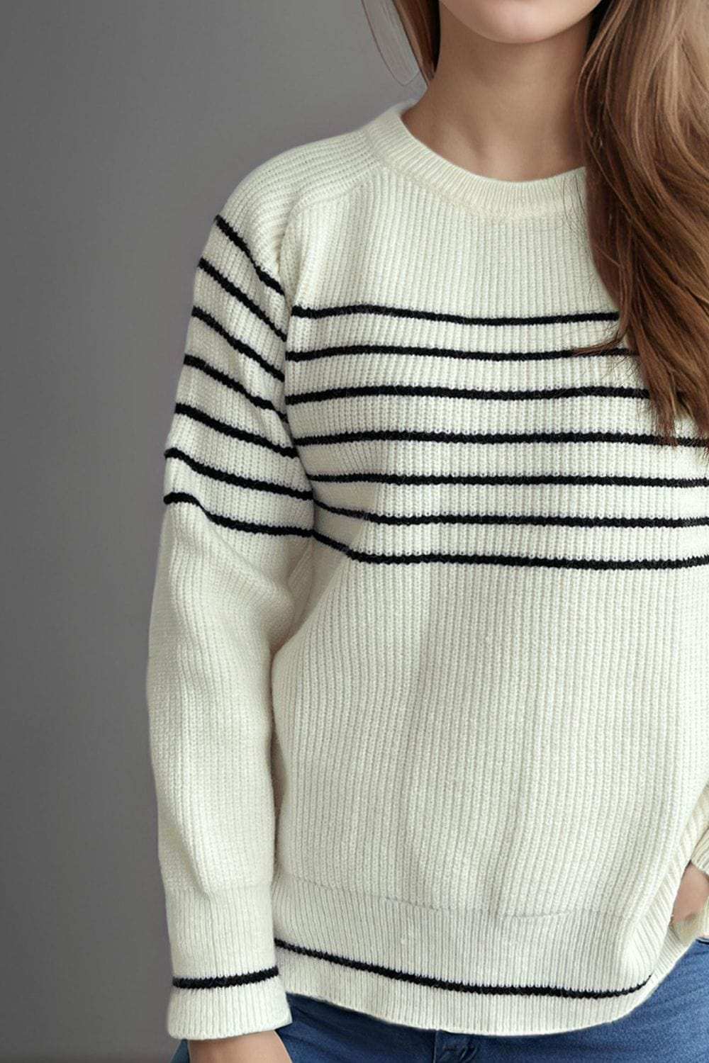 Striped Round Neck Long Sleeve Sweater - Trendsi - Flyclothing LLC
