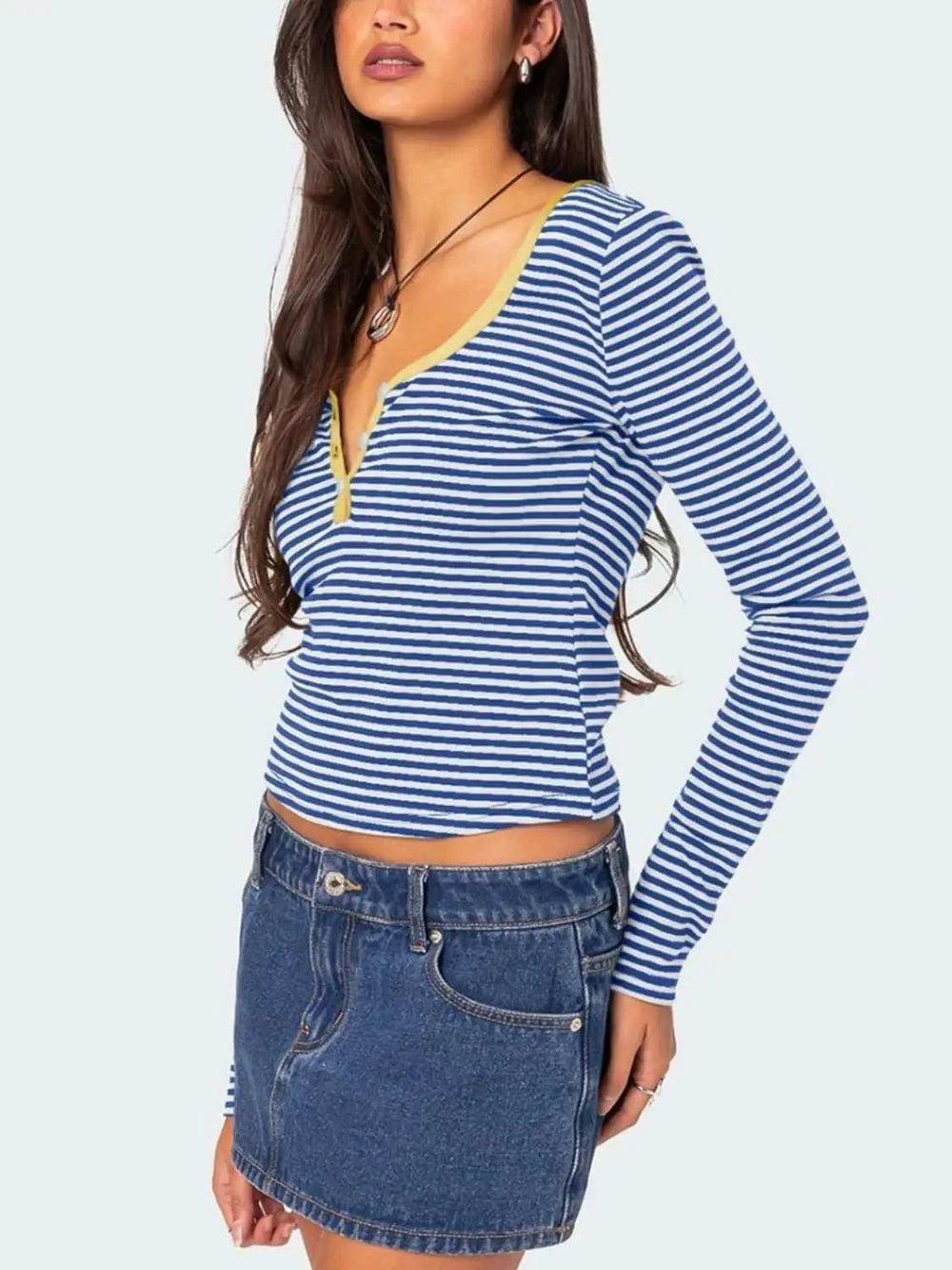 Buttoned Striped Long Sleeve T-Shirt - Trendsi - Flyclothing LLC