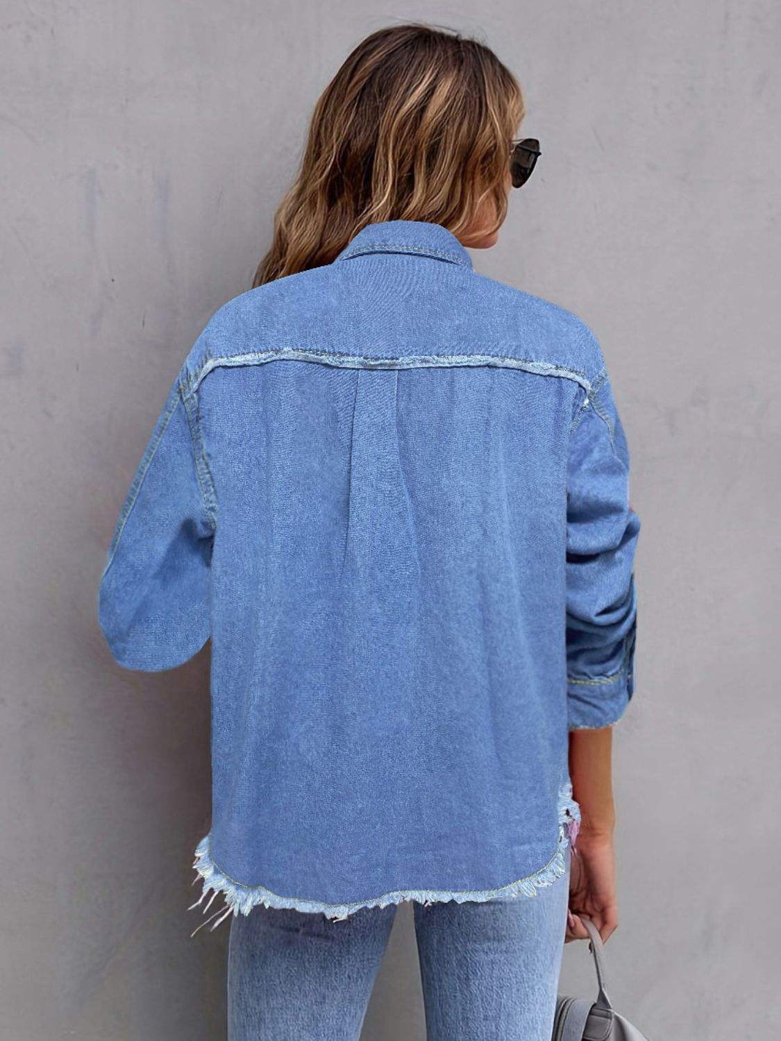 Pocketed Collared Neck Long Sleeve Denim Shirt - Trendsi - Flyclothing LLC